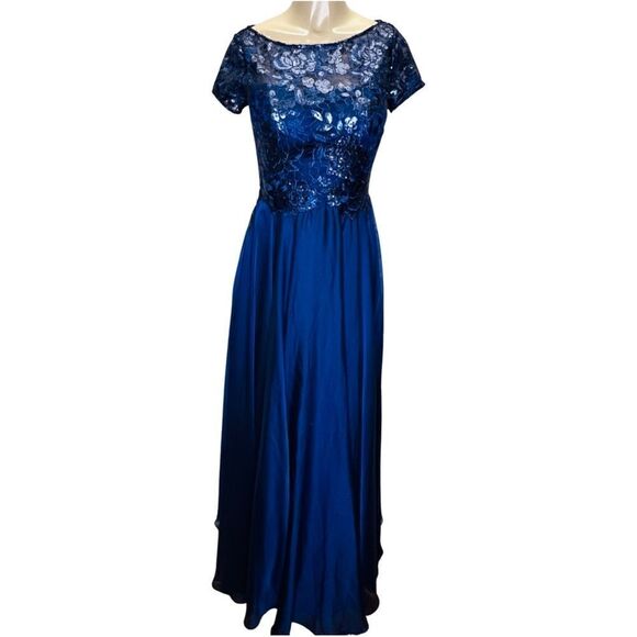 LA FEMME Chiffon Skirt Metallic Lace Evening Dress NWOT - Picture 2 of 8